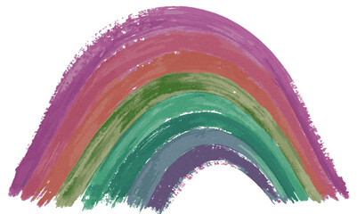  watercolor painting of a rainbow with pink orange green and blue colors on a white background.