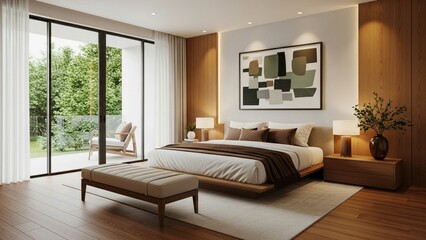 Fototapeta premium Elegant modern bedroom with wood floor, large windows, neutral decor, cosy bed, and patio view. Minimalist design with soft lighting and natural tones.
