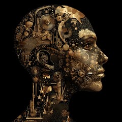 Detailed portrait of a dark-skinned person, with a head adorned in intricate gold patterns and designs