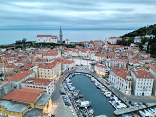 aerial view of piran slovenia, popular tourist destination on the istrian peninsula of the...
