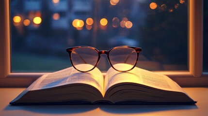 Open book on windowsill at night
