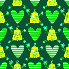 Autumn harvest vegetable seamless monster Halloween pumpkins pattern for wrapping paper and fabrics