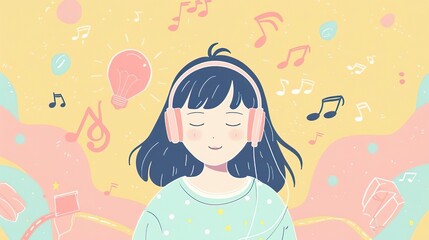A cute simplified illustration of a person wearing headphones, vector style, educational and playful, Japanese kawaii design style