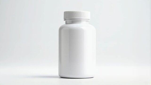 Isolated glossy white plastic bottle with ribbed screw cap on a seamless white background in studio lighting for medical or nutritional product packaging