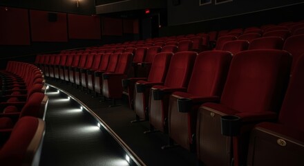 A row of empty, vintage red velvet cinema seats