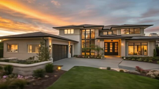 Luxury modern home exterior design architecture real estate house mansion driveway sunset landscaping