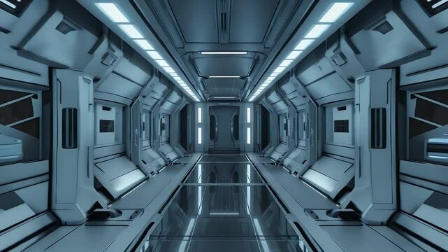 Futuristic spaceship interior corridor with metallic walls and bright neon lighting