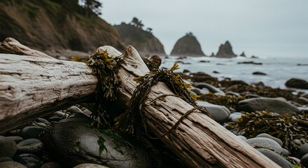 Driftwood on Rocky Beach with Sea Stacks in the Distance