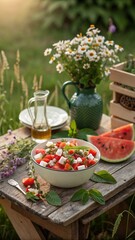 Rustic watermelon feta salad on wooden table in summer garden setting