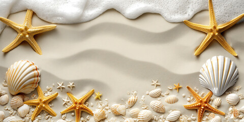Golden starfish and seashells scattered on sandy beach with gentle waves, creating a serene coastal scene that evokes relaxation and summer vibes