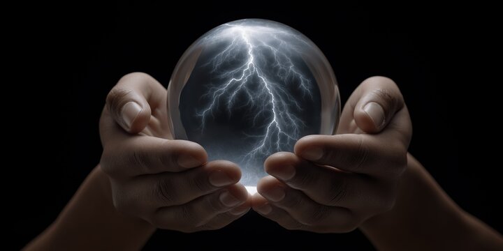 Hands holding crystal ball with lightning inside on black background
