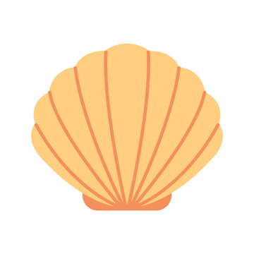 Flat yellow scallop shell cartoon illustration with simple shape and clean lines. For beach, vacation, sea, ocean, summer design. Flat vector. Isolated white background.