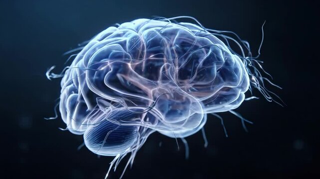 Anatomical illustration of a human brain, showing nerves in a transparent, glowing design.