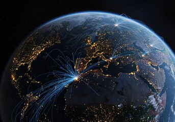 Obraz premium A glowing network of lines connects cities across the earth at night, symbolizing global communication