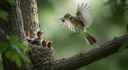 bird on a tree whit babys