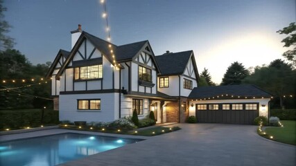 Luxury home exterior design with pool and garage in residential neighborhood at night view image