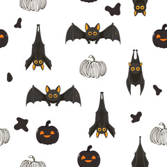 Seamless Halloween pattern with ghost, skull, pumpkin and bats.