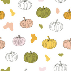 Seamless Halloween pattern with ghost, skull, pumpkin and bats.