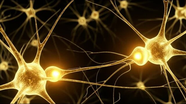 Close up view of interconnected neurons with glowing synapses on a dark background illustration