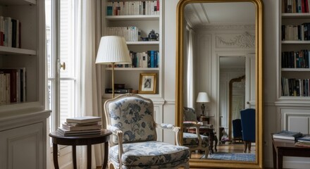 Elegant classic reading nook with floral armchair and large mirror reflecting cozy library interior