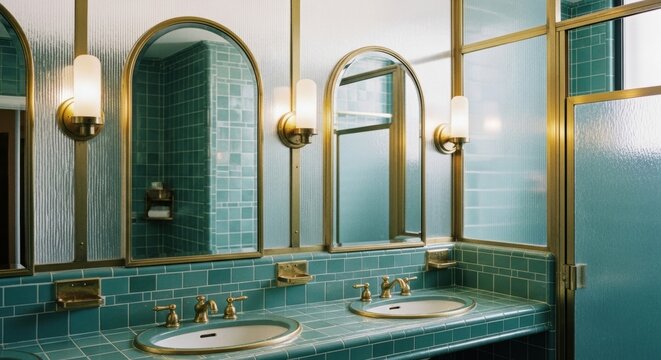 Elegant retro style bathroom interior with teal tiled walls and double sink vanity featuring gold accents and arched mirrors in soft lighting