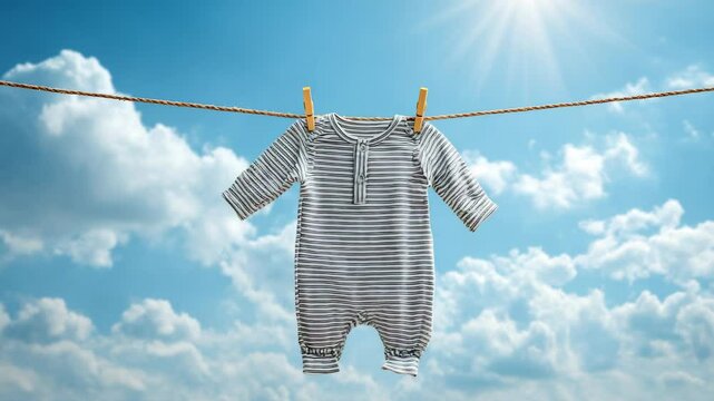 Baby striped romper hanging on clothesline with wooden pins against bright blue sky and fluffy clouds