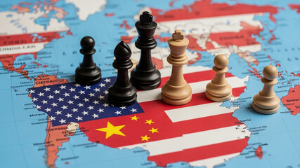 Chess pieces on world map representing competition between us and china