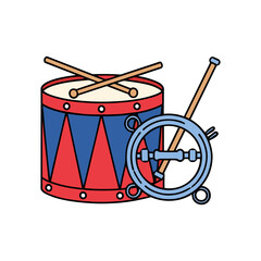 A colorful illustration of a drum, drumsticks, and a musical instrument.