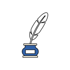 Stylized illustration of a quill pen inserted into a blue inkwell, isolated on a white background.