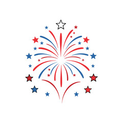 A stylized illustration of a fireworks display, featuring red and blue streaks, surrounded by stars, in a patriotic design.