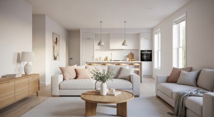 Fototapeta premium Bright and modern open living room with cozy sofas and kitchen in soft neutral tones