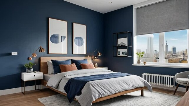 Bedroom interior with blue walls, bed, window view, artwork, and modern furniture elements inside room