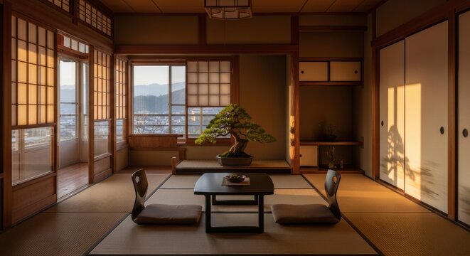 Traditional japanese interior with tatami mats sliding doors and a bonsai tree on a low table in warm natural light - Powered by Adobe