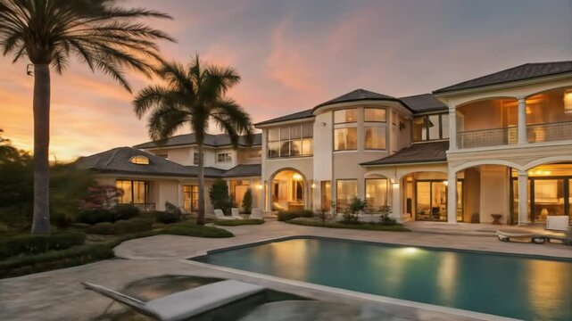 Luxury real estate dream home mansion tour with pool and palm trees at sunset in florida usa for sale