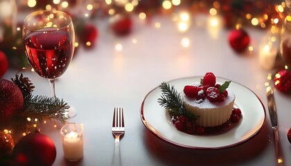 Elegant Christmas dinner setup with a plate of festive dessert, surrounded by decorations and bokeh lights. Romantic dinner setup, red decoration..