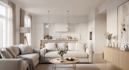 Modern minimalist living room and kitchen interior design with neutral colors and natural light