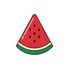 A simple, stylized illustration of a single watermelon slice, showcasing its red flesh, black seeds, and green rind.