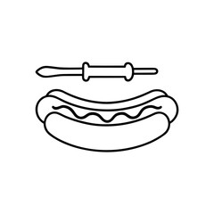 Simple black and white line art illustration of a hot dog on a stick.