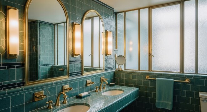 Luxurious modern bathroom interior with green tiles gold fixtures and double vanity mirrors - Powered by Adobe