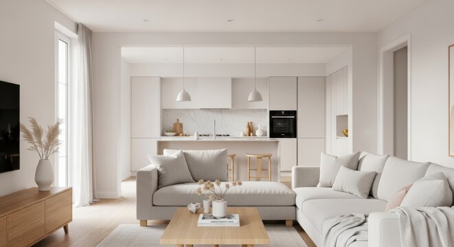 modern minimalist open concept living room and kitchen with neutral tones and cozy seating area - Powered by Adobe