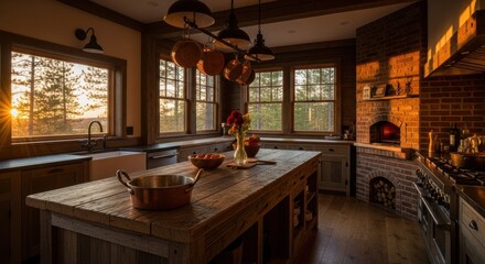 Cozy rustic kitchen interior with warm sunlight streaming through large windows during sunset