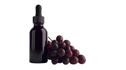 Red grapes with brown grape seed oil serum, isolated on white background as a transparent PNG, showcasing freshness and luxurious skincare essence.