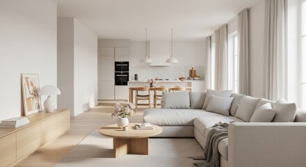 Fototapeta premium modern minimalist open living room and kitchen interior design with natural light and neutral colors
