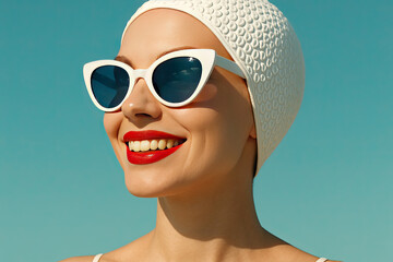 Stylish Close-Up Portrait of Smiling Woman Wearing White Retro Sunglasses Reflecting Blue Sky

