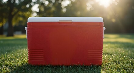 Portable Cooler on Grass in Park at Golden Hour