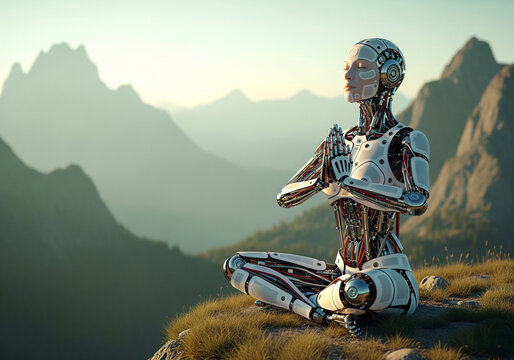 Robot Meditating in Serene Mountain Landscape - Powered by Adobe
