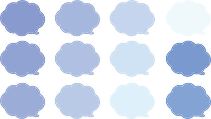 水色１２色の吹き出しセット。雲のか阿智をしたもこもこのふきだし。フキダシの内側は白い破線がある。
