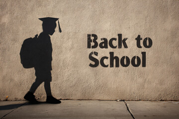 Shadow of a school child wearing graduation cap and backpack with back to school text on wall. Copy space