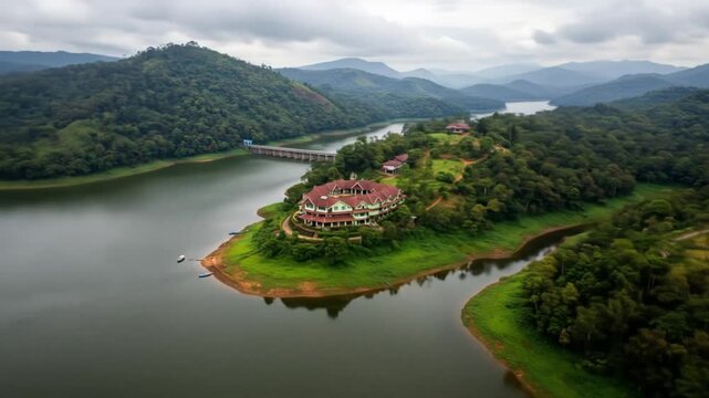 Aerial view of munnar dam, kerala, india: scenic landscape, reservoir, mountains, and lush greenery tour