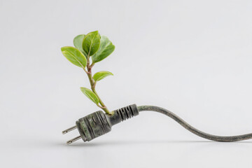 Green plant sprouting from old electric plug symbolizing eco energy, sustainability and environmental technology. Copy space